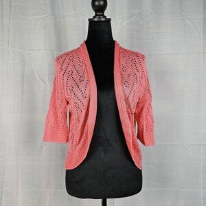 Faded Glory Loose-Knit Short-Sleeve Cardigan Sweater Women's L (Coral/Pink)